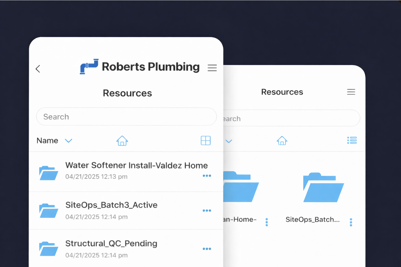 Document management app interface showing folders and files